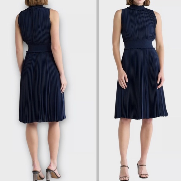 Nanette Lepore Navy Accordion Pleat Smocked Midi Dress Size 6 Office Work Party - Picture 12 of 12